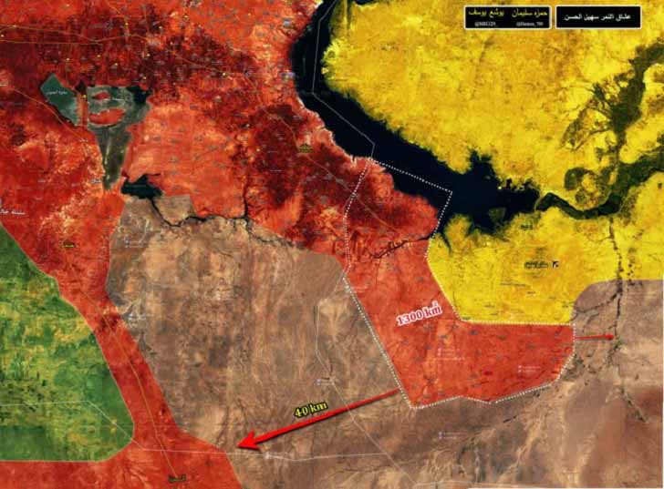 Стрелочками показаны ближайшие планы сирийской армии. Красным - правительственные силы, желтым - курдские "SDF". коричневым - ИГ, зеленым - "Хайяи Тахрир аш-Шам" и другие исламистские группировки