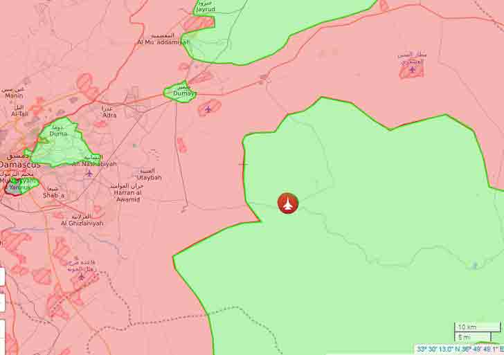 Карта юго-восточной части провинции Дамаск (красным значком отмечено место падения МиГ-21)