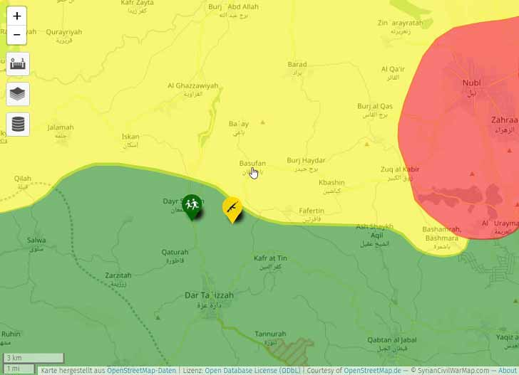 Поселок Басуфан на карте. Желтым - курдские "YPG", зеленым - "Харакат Ахрар аш-Шам", красным - Сирийская армия