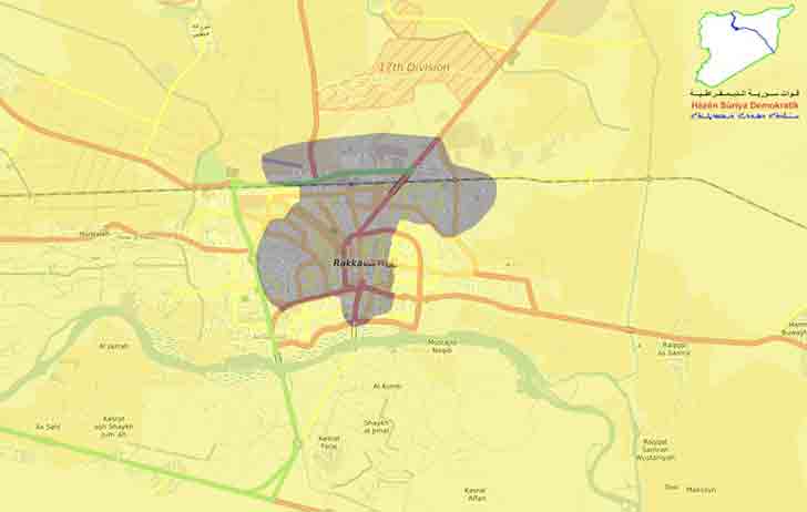 Карта города Ракка (черным цветом выделены районы контролируемые ИГИЛ)