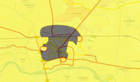 Карта Ракки на 08 08 2017 (красными кружочками обведены районы отбитые у ИГИЛ)