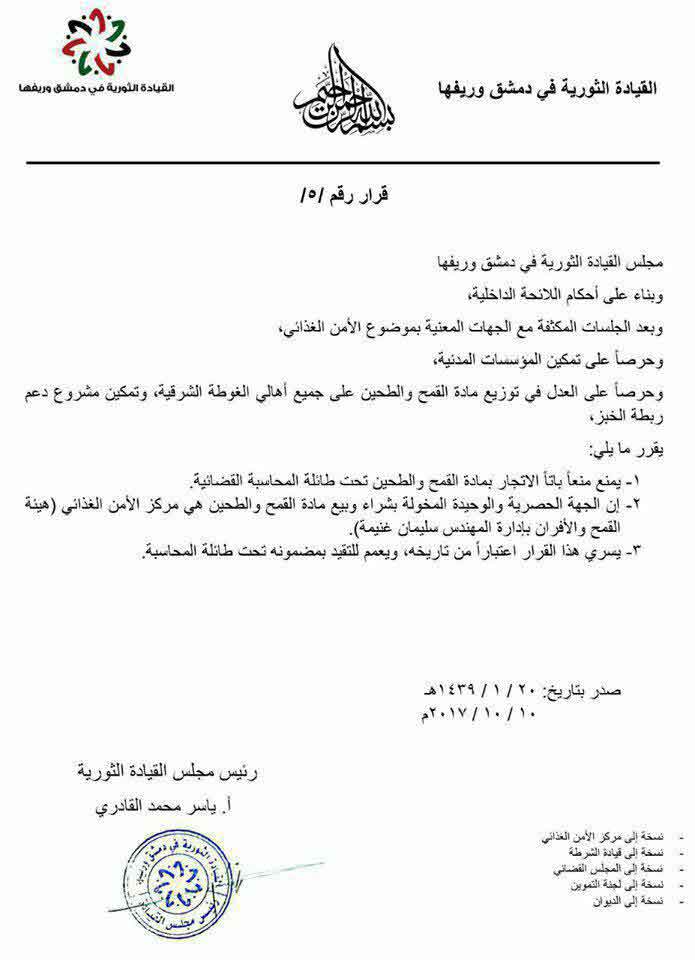 Прокламация "Файлак аль-Рахман" запрещающая торговлю мукой и пшеницей