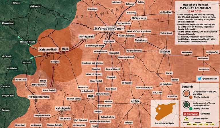 Карта линии фронта в районе Джабаль аз-Завия на 26 02 2020