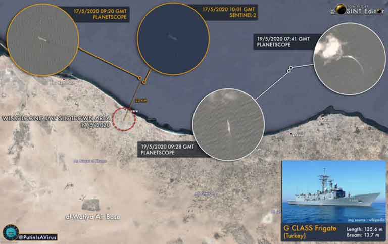 Спутниковая карта нахождения фрегата типа Gabya (G-class) ВМС Турции у берегов Ливии