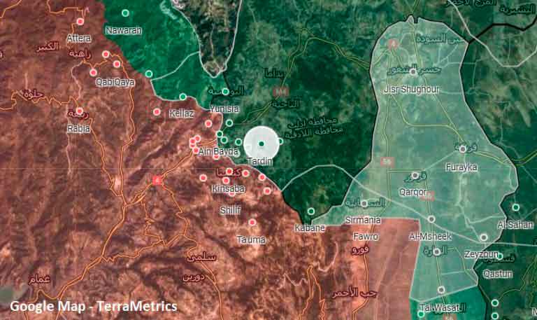 Город Тардин на военной карте Сирии