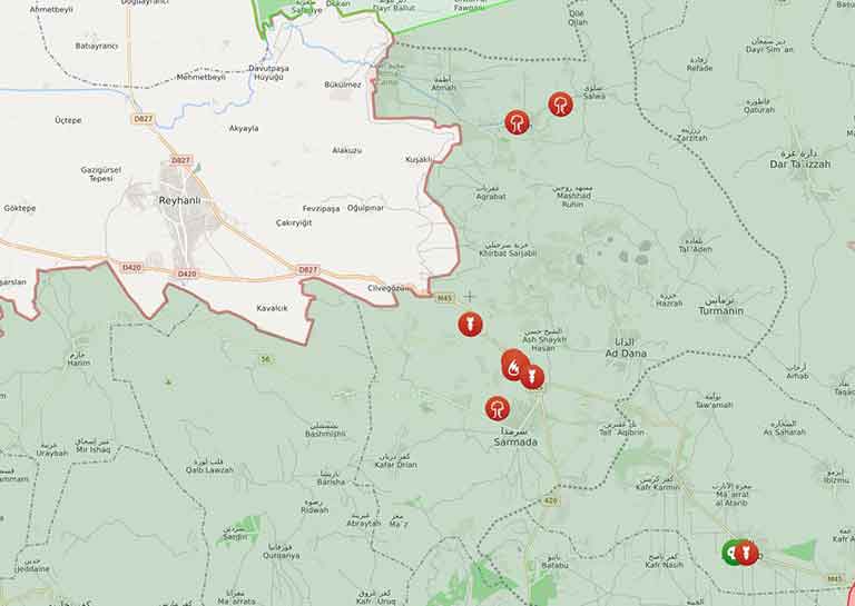 Координаты нанесения авиаударов ВКС РФ на карте Идлиба